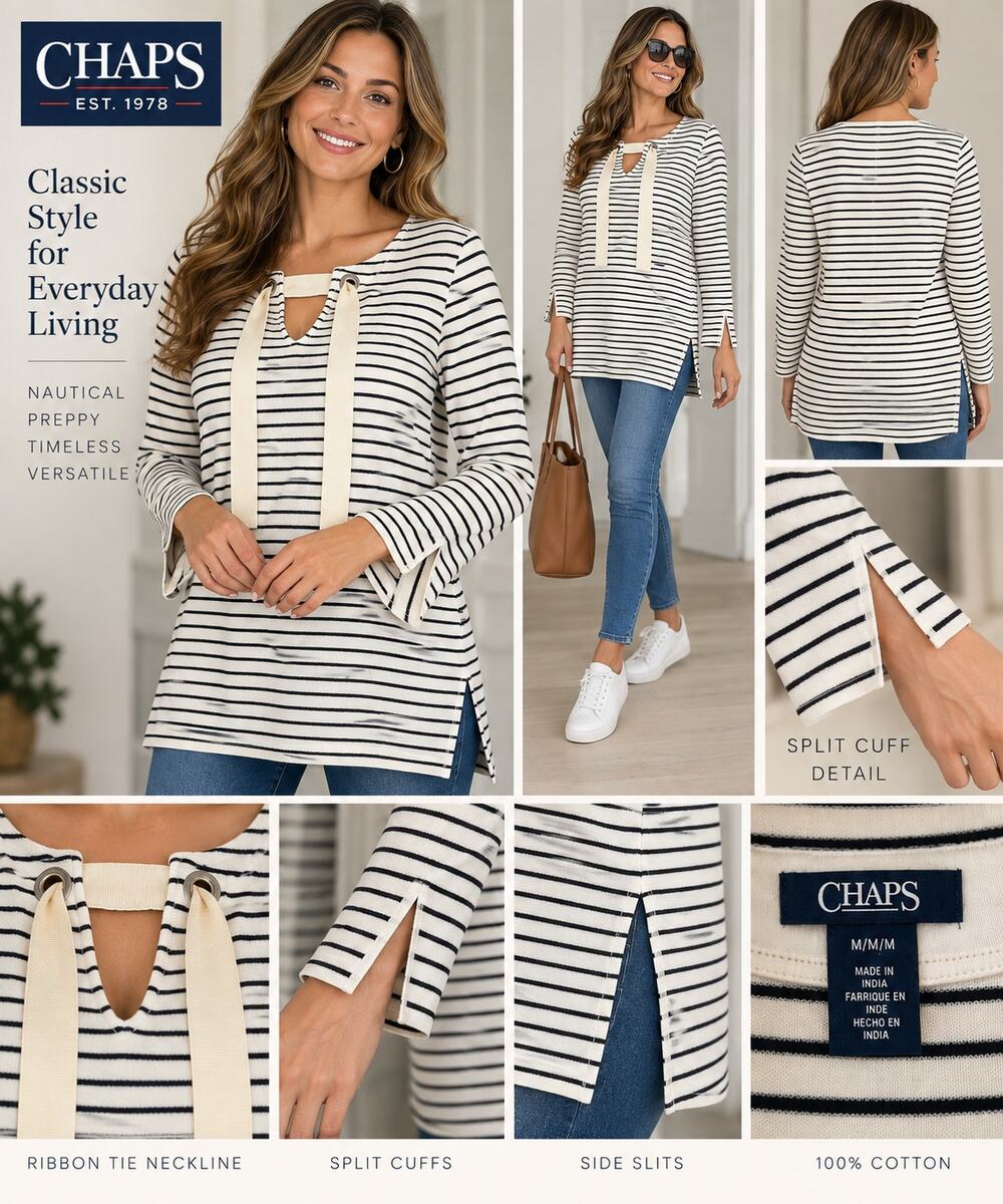 Chaps NWT M Striped Cotton Lace Up Nautical Tunic Top